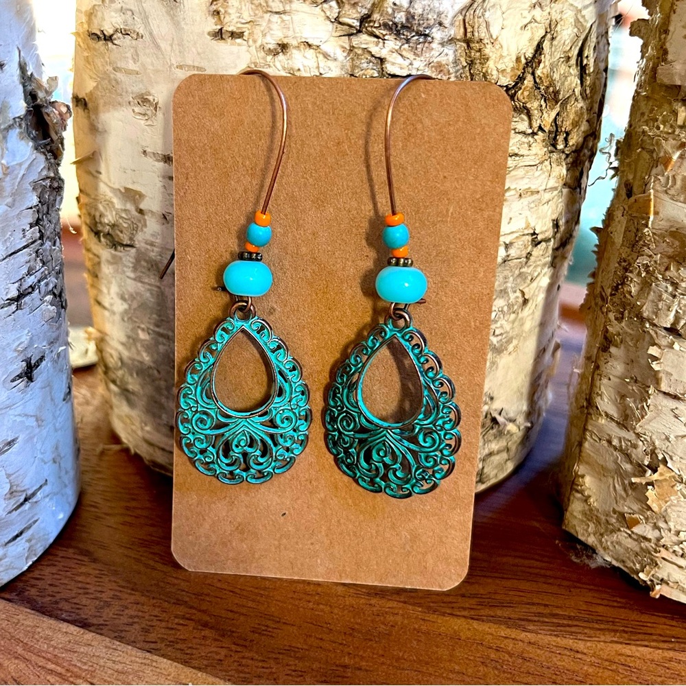Artisan Teardrop Dangle Earrings Vintage Beads Reclaimed Patina Drop